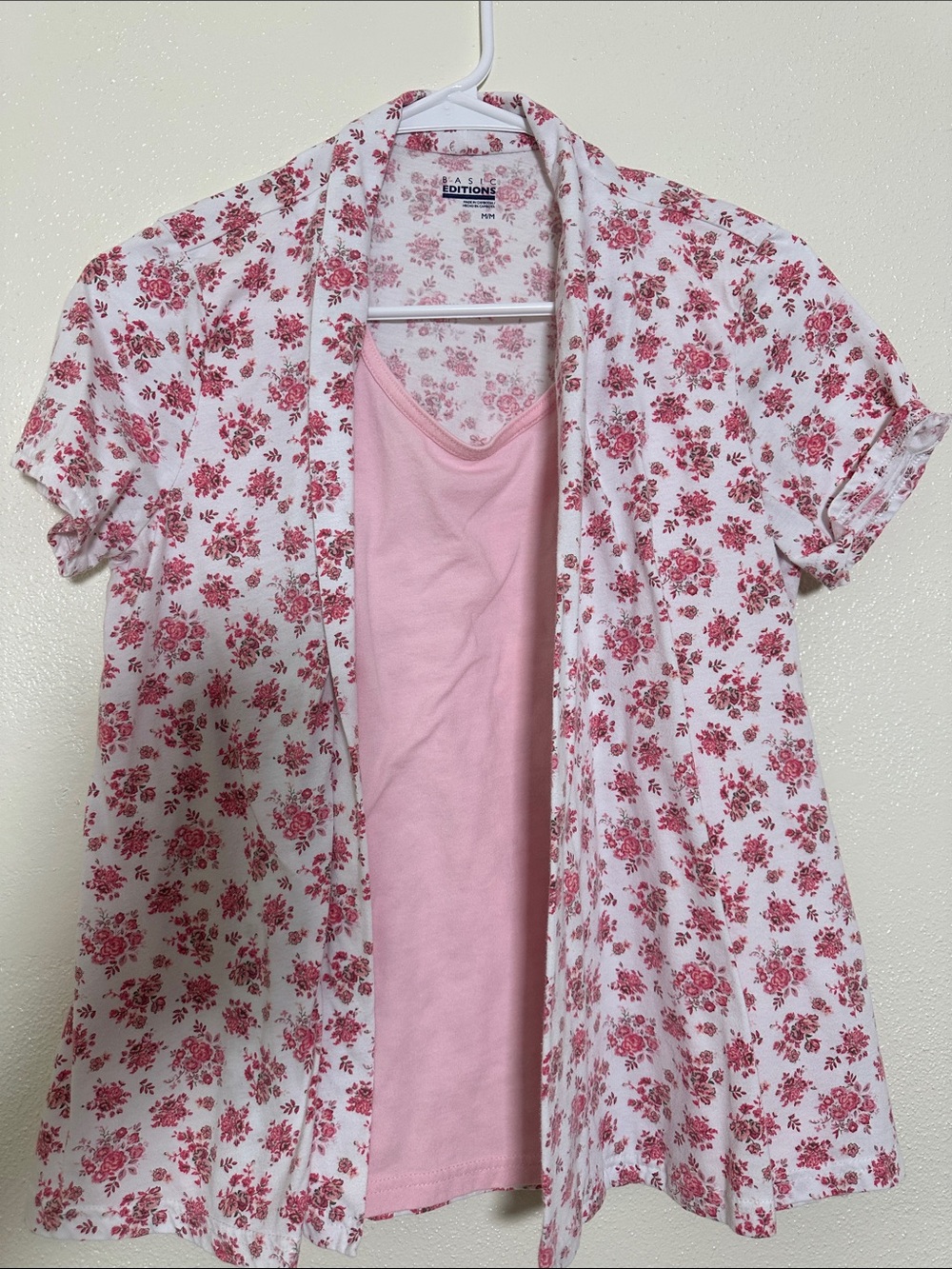 Basic Editions Pink Tank look attached with White & Pink Floral Open Cardigan